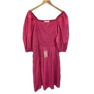 NEW Ivy City Dress Sz XL Puff Sleeve Midi smocked square neck hot pink